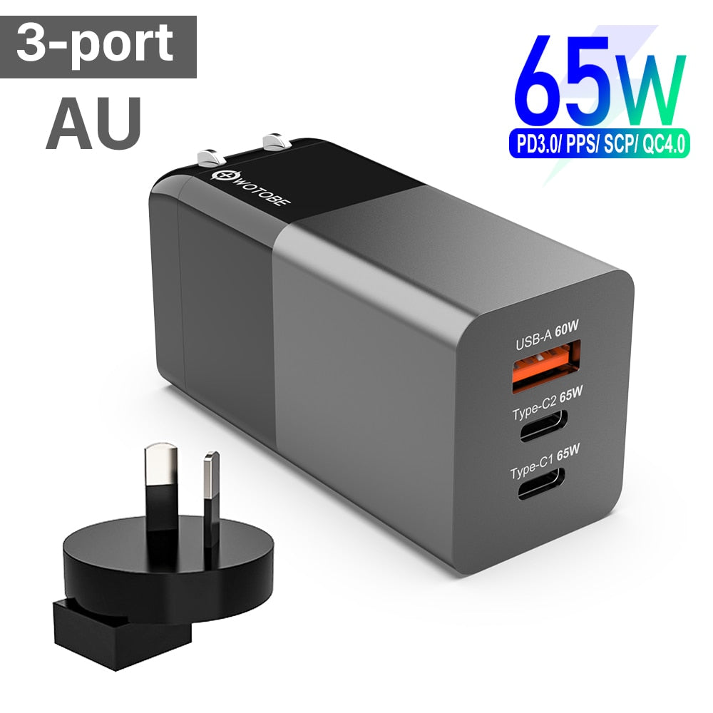 65W GaN 3-Port USB Type-C AC Wall Charger