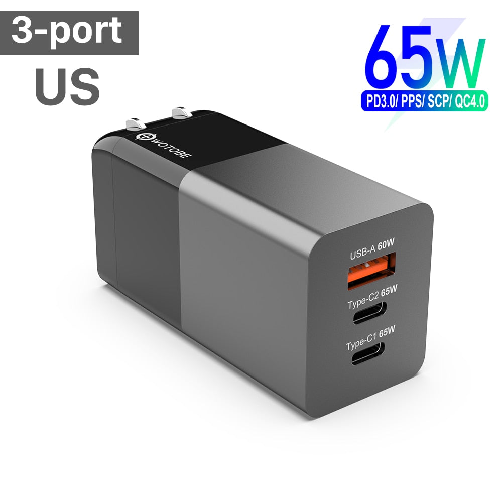 65W GaN 3-Port USB Type-C AC Wall Charger