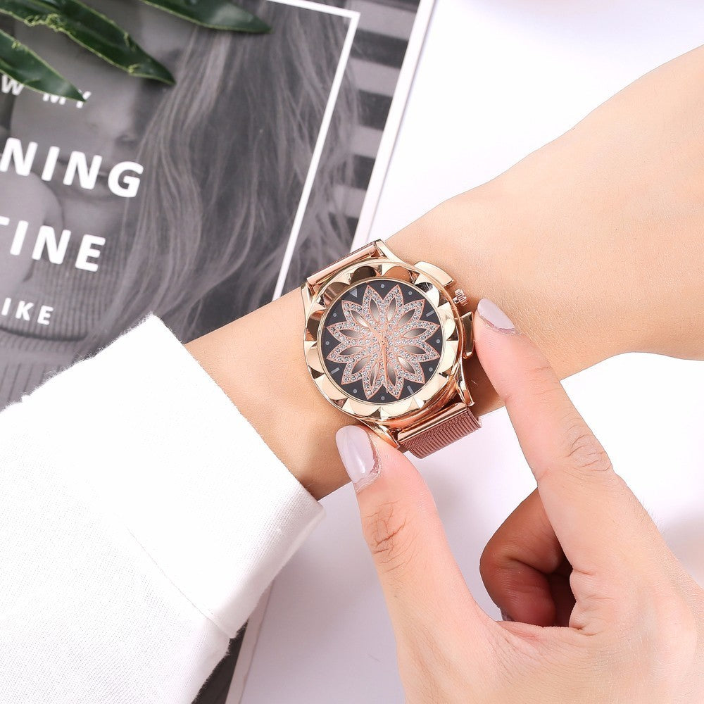 Rose Gold Flower Rhinestone Watch - foldingup