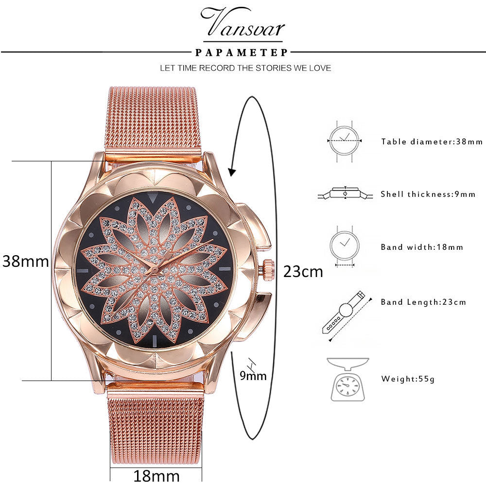 Rose Gold Flower Rhinestone Watch - foldingup