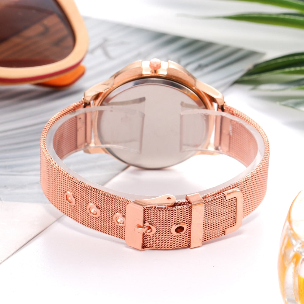 Rose Gold Flower Rhinestone Watch - foldingup