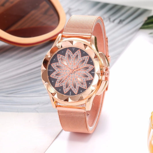 Rose Gold Flower Rhinestone Watch - foldingup