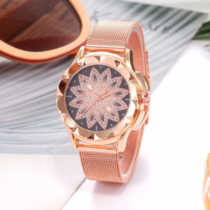 Rose Gold Flower Rhinestone Watch - foldingup
