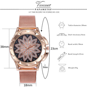 Rose Gold Flower Rhinestone Watch - foldingup